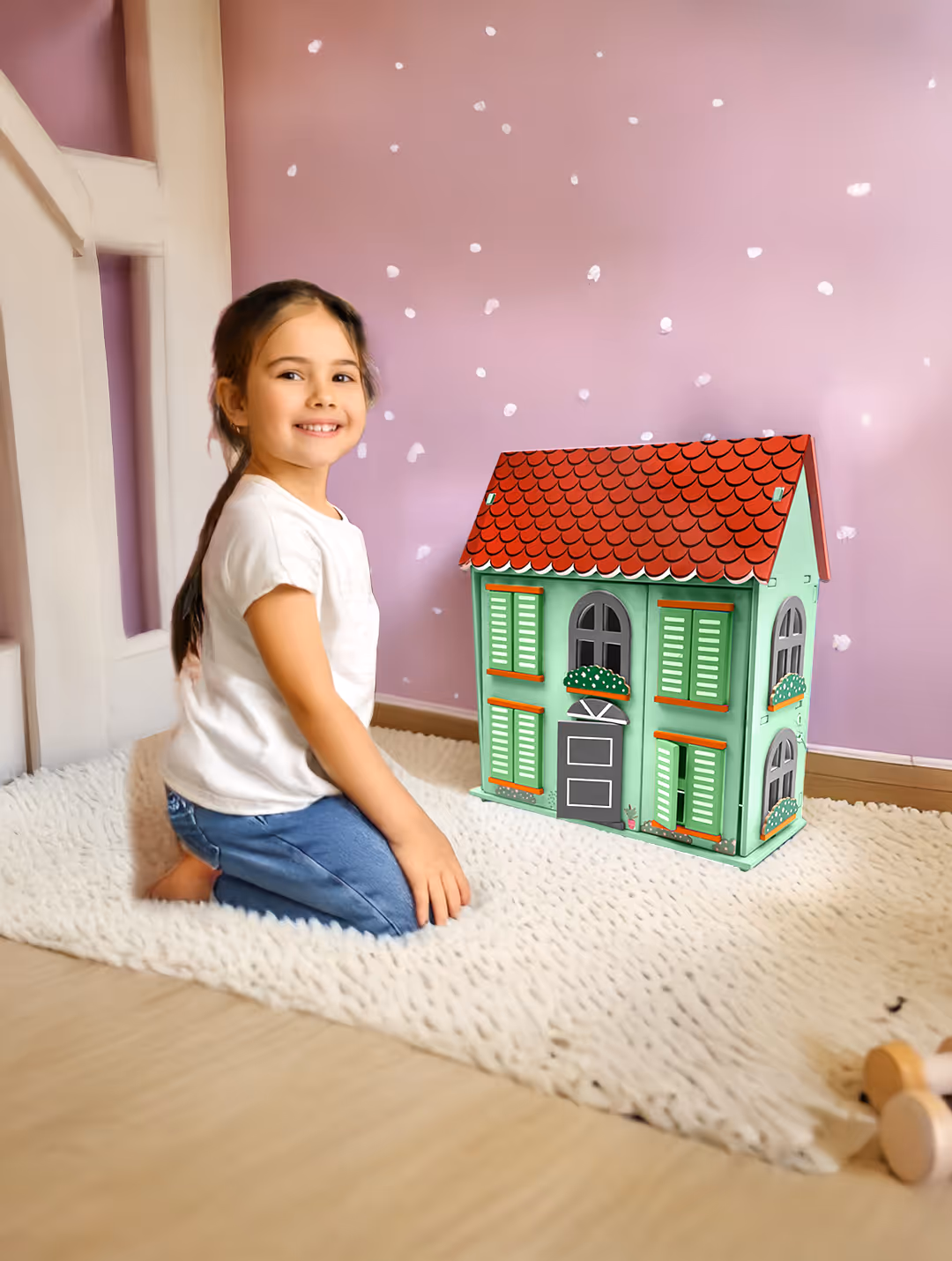 Smiling girl kneeling on a white fluffy rug next to a colorful dollhouse with green shutters and a red roof in a pink room.