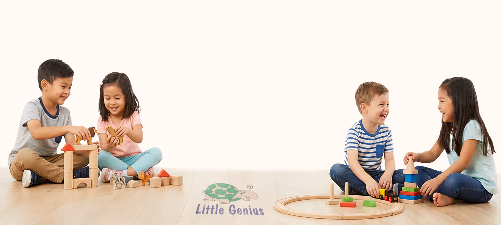 Two pairs of children sitting on the floor playing with wooden building blocks and toy animals, smiling and engaged.