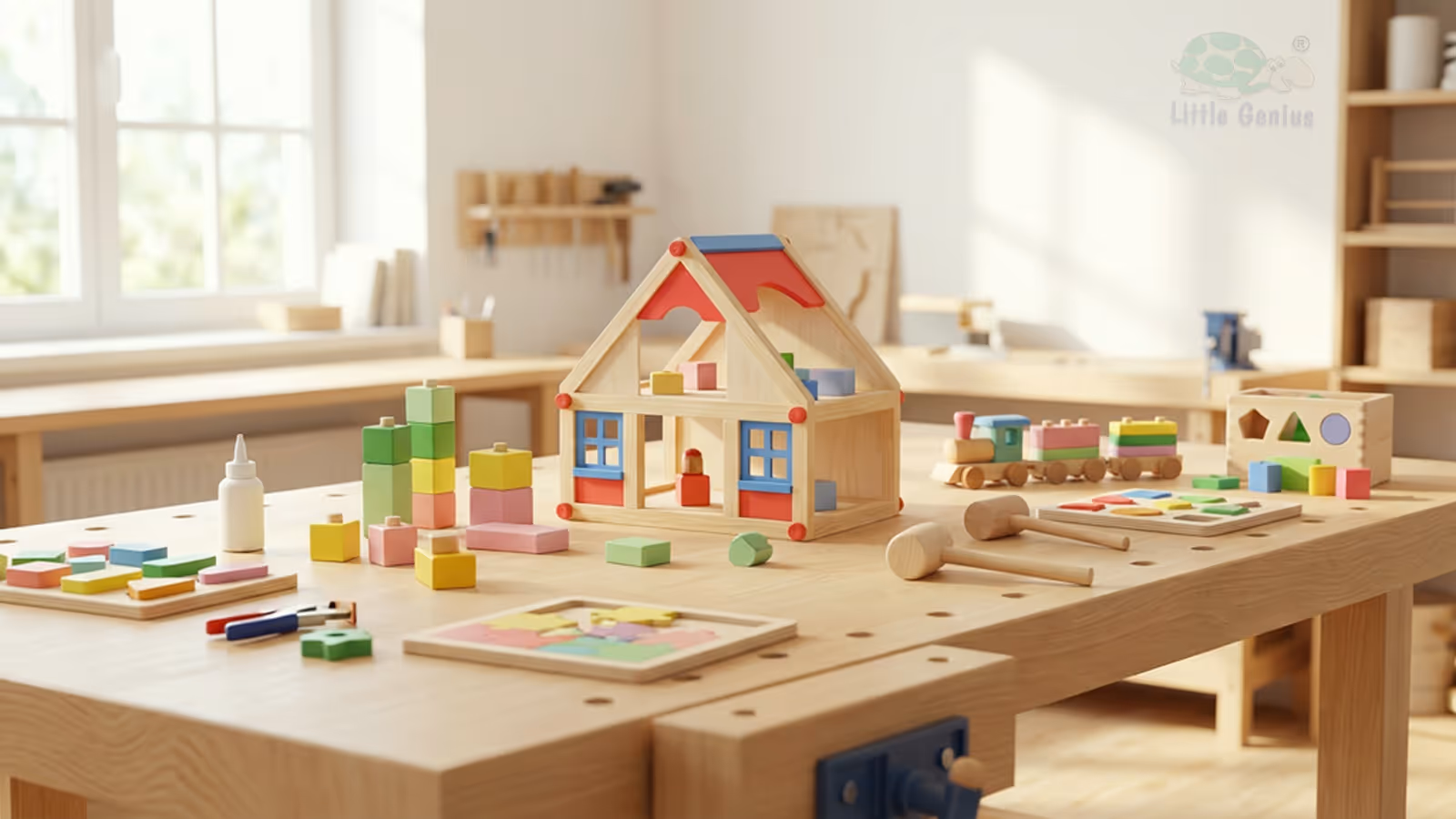 Wooden table in a bright room with colorful wooden building blocks, a toy house, wooden hammers, and a toy train.