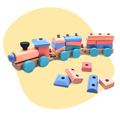 Colorful wooden toy train with blue wheels on a green background, with several loose geometric blocks nearby.